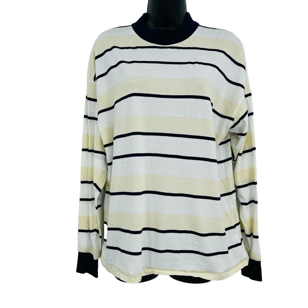 UB Oversized Striped Tee Womens S White Yellow Navy Mock Neck Long‎ Sleeve